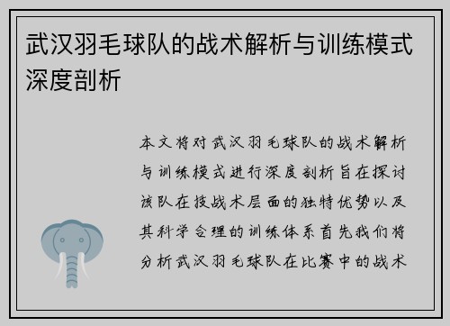 武汉羽毛球队的战术解析与训练模式深度剖析